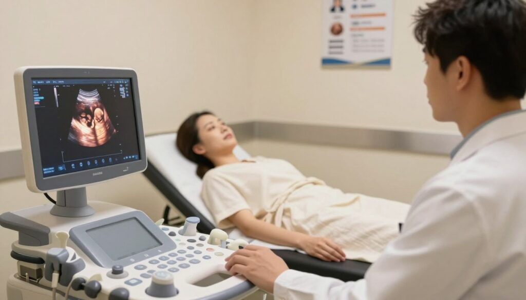 An ultrasound examination room with a medical professional in a white lab coat preparing an ultrasound machine. In the foreground, the machine displays a clear, detailed ultrasound image of a fetus, showcasing the intricate details. The middle ground features a patient, comfortably dressed in a modest gown, lying on an examination table, looking relaxed and reassured. Soft, warm lighting illuminates the scene, creating a calming atmosphere. In the background, medical charts and educational posters about ultrasound preparations are subtly visible, enhancing the context. The overall mood conveys professionalism and care, emphasizing the importance of preparation for clearer ultrasound images.