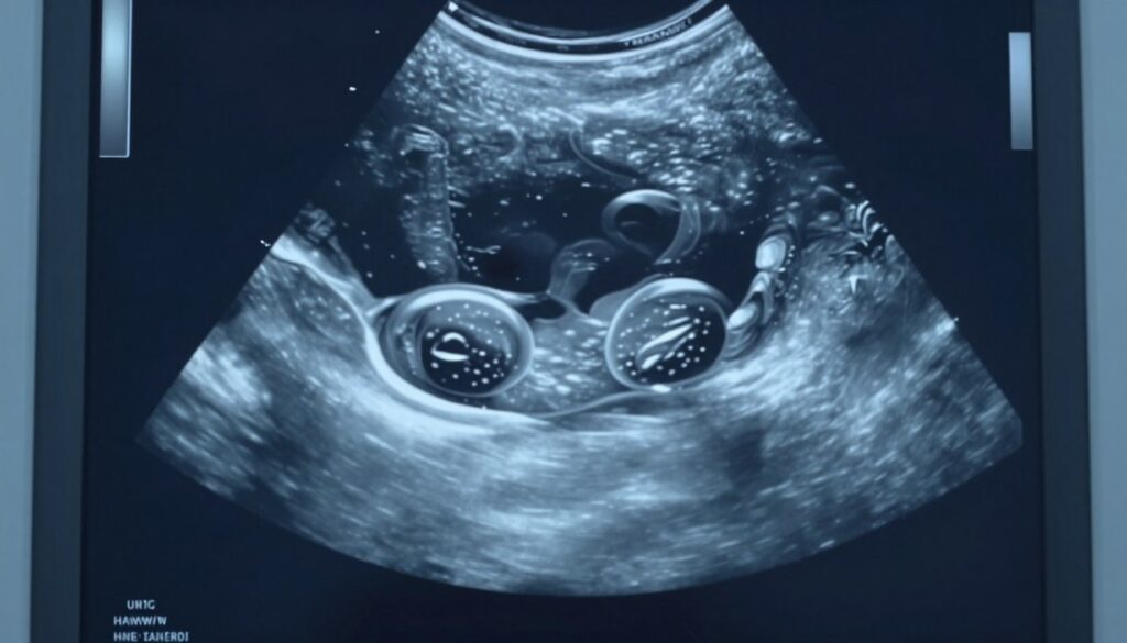 An ultrasound image depicting ovarian cysts, oriented with a focus on the ovaries in the foreground. The cysts should appear as distinct, fluid-filled structures with a semi-transparent quality, surrounded by the ovarian tissue. In the middle ground, enhance the detail of the surrounding anatomy, including the uterus, fallopian tubes, and pelvic area, to give context to the ultrasound scan. The background should feature a muted, medical blue tone to reflect a clinical atmosphere, simulating the look of an ultrasound machine display. Employ soft lighting to soften the harshness of the medical imagery, capturing a serene and informative mood suitable for educational purposes. An ultrasound image depicting ovarian cysts, oriented with a focus on the ovaries in the foreground. The cysts should appear as distinct, fluid-filled structures with a semi-transparent quality, surrounded by the ovarian tissue. In the middle ground, enhance the detail of the surrounding anatomy, including the uterus, fallopian tubes, and pelvic area, to give context to the ultrasound scan. The background should feature a muted, medical blue tone to reflect a clinical atmosphere, simulating the look of an ultrasound machine display. Employ soft lighting to soften the harshness of the medical imagery, capturing a serene and informative mood suitable for educational purposes.