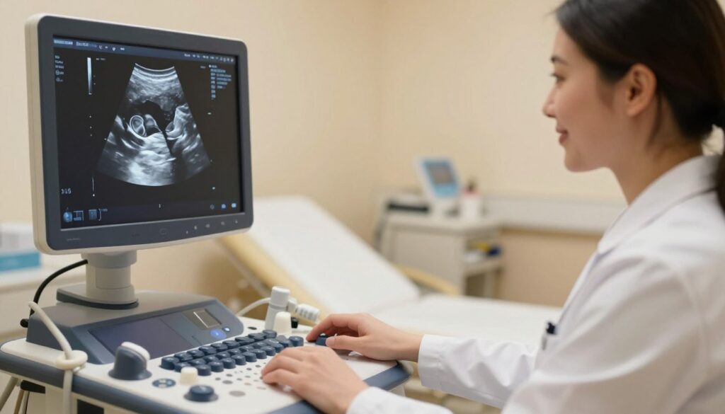 An ultrasound image showcasing early pregnancy, focusing on a vivid display of a gestational sac and an embryo with a flickering heartbeat. In the foreground, the ultrasound monitor is visible, projecting a clear black-and-white image with the gestational sac prominently shown. The subject of the scene is a healthcare professional, dressed in a white lab coat, attentively observing the monitor, with a soft smile indicating hope and care. The background features a warm, softly lit medical examination room, equipped with essential medical instruments, and a comfortable examination table. The atmosphere is calm and reassuring, conveying the excited anticipation of early pregnancy while maintaining a professional and safe environment.