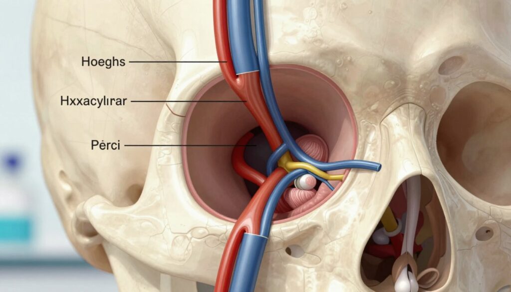 Anatomical illustration of the orbit, showcasing the intricate structures within the eye socket. In the foreground, highlight the optic nerve, extraocular muscles, and adjacent blood vessels in detailed, realistic textures and colors. The middle section should display the bony eye socket outline, with labeled anatomical features for clarity. The background can be softly blurred to emphasize the focal structures while maintaining an educational tone. Use bright, natural lighting to enhance depth and visibility, simulating a medical illustration's precision. Incorporate a clinical atmosphere, ensuring the overall mood is professional and informative, suitable for a medical article.