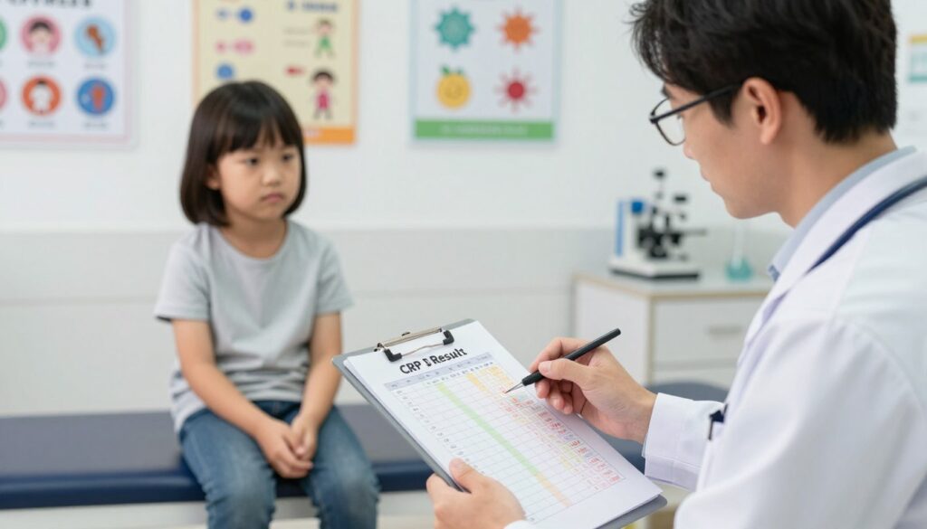 A bright and informative medical scene illustrating the interpretation of CRP test results in children. In the foreground, a pediatrician, wearing a white coat and glasses, is analyzing a colorful chart of CRP levels on a clipboard. The pediatrician is focused and engaged, representing professionalism and care. In the middle ground, a child, modestly dressed, is sitting on an examination table, looking slightly anxious but comforted by the presence of the doctor. The background features a well-organized medical office with colorful educational posters about infection signs and healthy habits. The lighting is soft and warm, suggesting a welcoming atmosphere. The image conveys a sense of trust, knowledge, and hope, perfect for a medical article.