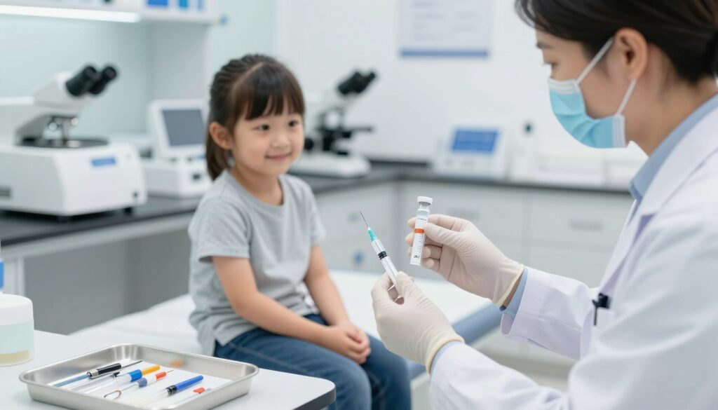 A bright laboratory setting featuring a pediatrician in a white coat, carefully preparing for a CRP blood test on a young child who is sitting calmly on an examination table. In the foreground, focus on the pediatrician's hands as she holds a syringe and a collection vial, with various medical instruments neatly arranged on a sterile tray. In the middle ground, the child appears curious yet relaxed, showcasing a gentle smile, while the pediatrician reassures them. In the background, illuminated with soft, clean lighting, you can see lab equipment like centrifuges and microscopes, enhancing the clinical atmosphere. The overall mood is professional and caring, emphasizing the importance of the procedure in a child-friendly environment.