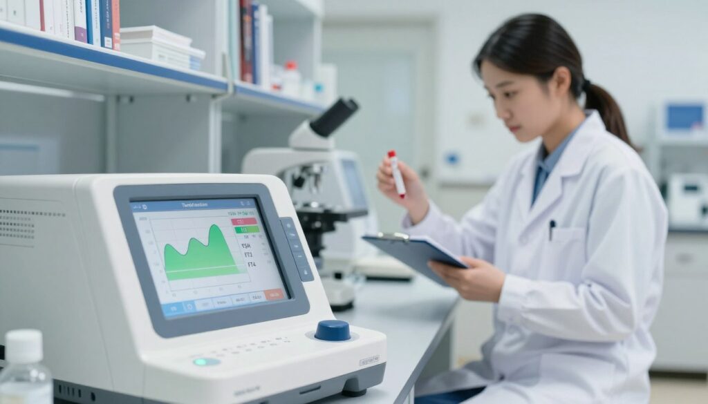 A bright, well-lit medical laboratory scene showcasing thyroid function tests. In the foreground, a close-up of a modern blood testing device displaying colorful analytical graphs and results related to TSH, FT3, and FT4 levels. In the middle ground, a healthcare professional in a crisp white lab coat examines samples while taking notes, conveying focus and professionalism. The background features shelves filled with medical textbooks and equipment, creating a scholarly atmosphere. Soft, natural lighting enhances the clinical yet inviting space, emphasizing a sense of trust and expertise. The overall mood is informative and serious, illustrating the importance of additional testing in endocrine diagnostics.