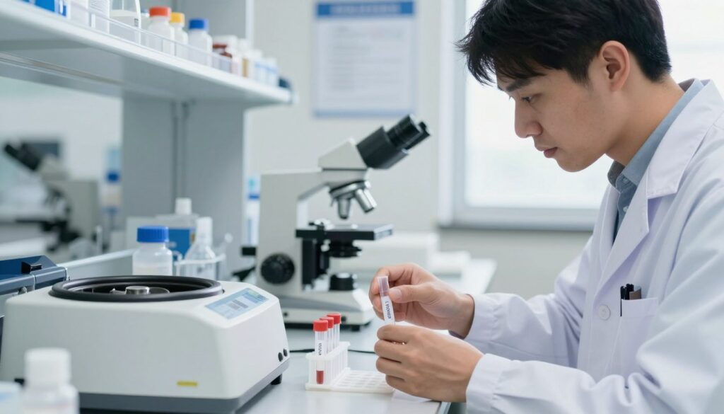 A brightly lit laboratory setting featuring a close-up view of a medical technician in professional attire preparing for a CRP blood test. In the foreground, the technician, focused and diligent, is shown carefully assembling laboratory equipment, including test tubes and centrifuges. In the middle ground, a clear view of a laboratory bench with vials and a microscope adds context to the scene. The background reveals a sterile environment with shelves of medical supplies and posters about laboratory procedures. Soft, natural light filters in, creating a calm and professional atmosphere. The focus is sharp, capturing the details of the equipment and the technician at work, emphasizing the precision and importance of the CRP testing procedure.