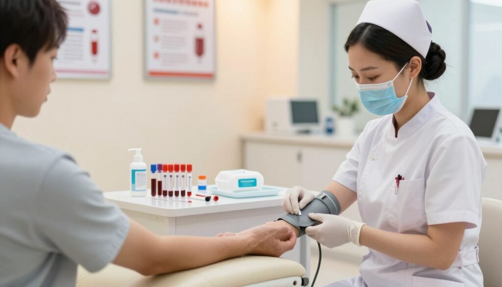 A clean and modern medical clinic setting for blood draw preparation. In the foreground, a professional nurse in scrubs is demonstrating the proper technique for applying a tourniquet on a patient's arm, which is positioned comfortably on a padded surface. In the middle ground, a well-organized table displays sterile blood collection supplies neatly arranged: needles, vacuum tubes, and antiseptic wipes. The background features softly lit walls with medical posters about blood testing and health guidelines. The lighting is bright yet warm, creating an inviting atmosphere, with a shallow depth of field that keeps focus on the nurse and the preparation process. The scene conveys a sense of professionalism and care, emphasizing the importance of proper preparation for blood tests.