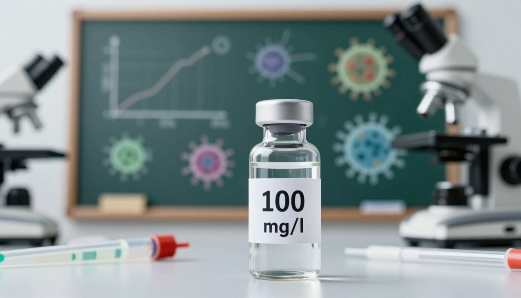 A clear laboratory setting displaying a glass vial labeled "100 mg/l" prominently in the foreground. The vial is filled with a clear liquid, reflecting light subtly. Surrounding the vial, scattered lab equipment like pipettes and a microscope create a research environment. In the middle background, a blurred chalkboard displays graphs and diagrams related to bacterial and viral infections, emphasizing scientific analysis. The lighting is bright and clinical, simulating a sterile lab atmosphere, while soft shadows add depth. A slight angle from above captures the scene, highlighting the vial's label and laboratory tools. The overall mood is serious and professional, suggesting importance and urgency in medical research.