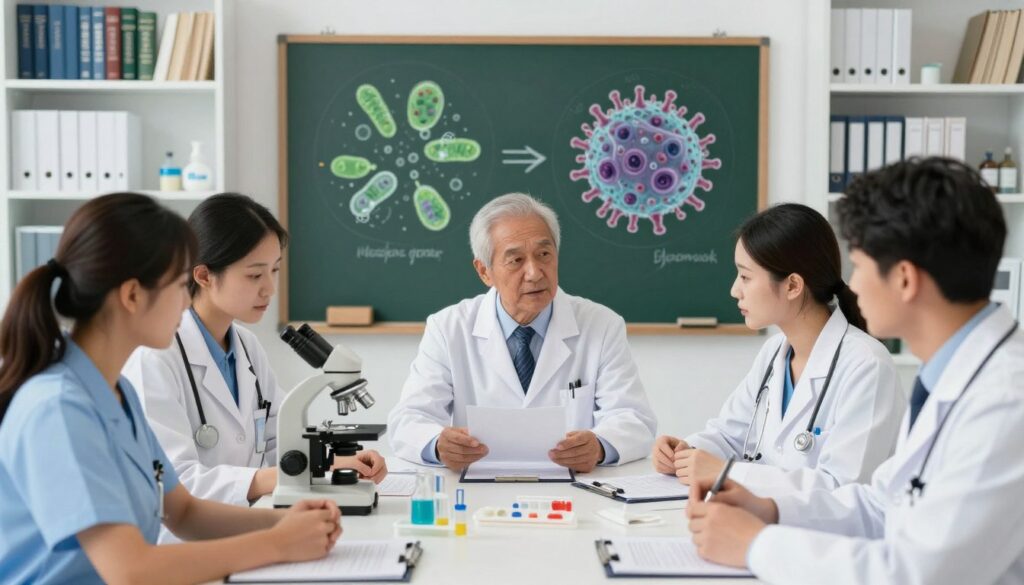 A clinical and educational scene illustrating the differentiation of bacterial and viral infections. In the foreground, a diverse group of healthcare professionals, dressed in lab coats and professional attire, is gathered around a table filled with medical charts and diagnostic tools. They are engaged in discussion, analyzing samples through a microscope. The middle ground features a chalkboard with diagrams comparing characteristics of bacterial and viral cells, emphasizing key differences. The background shows shelves filled with medical textbooks and research. Soft, focused lighting creates a clear and informative atmosphere, enhancing the sense of professionalism and seriousness of the subject matter. The image should evoke an environment of collaboration and scientific inquiry, suitable for an educational article.