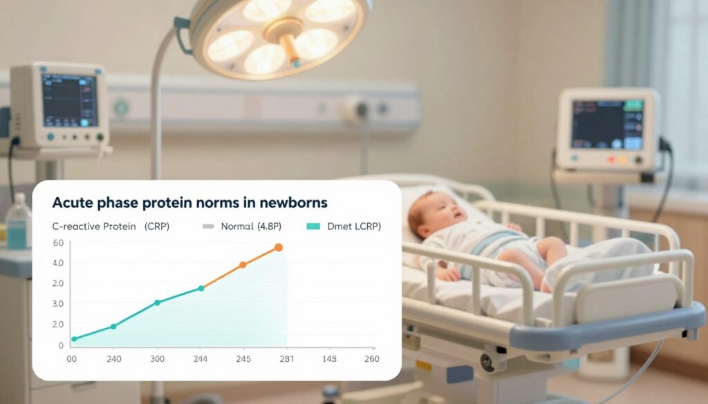A clinical and professional illustration of "acute phase protein norms in newborns." The foreground features a detailed infographic displaying various acute phase proteins like C-reactive protein (CRP) alongside age-appropriate scales indicating their normal levels in the first days of life. In the middle ground, a softly lit, sterile hospital nursery environment is depicted, showcasing a baby in a crib with medical monitors discretely positioned. The background includes blurred images of hospital equipment and a calm, neutral-colored wall to enhance a soothing atmosphere. Use natural lighting to mimic the warm glow of hospital lamps with a focus on the infographic, viewed from a slight angle that emphasizes clarity and detail, creating an informative yet serene mood.
