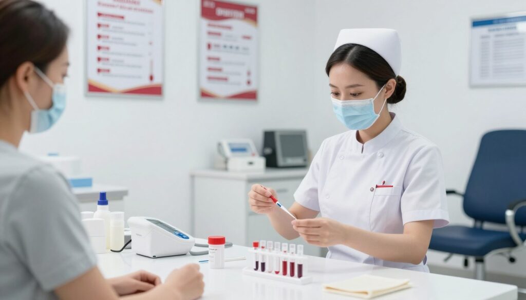 A clinical and sterile environment depicting a health professional preparing a patient for a blood test. In the foreground, a nurse in professional attire, with a focused expression, carefully sets up blood collection equipment like needles and test tubes. The middle ground features a neatly arranged desk with medical supplies and a blood pressure monitor, emphasizing the preparation process. The background consists of a bright, well-lit, modern examination room, with posters about blood tests on the walls and a patient chair, creating a clean and reassuring atmosphere. The lighting is soft and even, illuminating the scene without harsh shadows, conveying a sense of professionalism and calm.