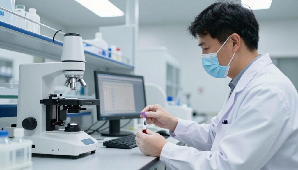 A clinical laboratory environment focused on a CRP blood test. In the foreground, an experienced healthcare professional wearing a white lab coat is carefully preparing blood samples, with a clear view of a blood test tube labeled 'CRP'. In the middle, a modern laboratory bench equipped with sophisticated medical equipment and a computer displaying test results. The background features bright overhead lighting that creates a sterile atmosphere, enhancing the professional mood. The angle is slightly elevated, providing a comprehensive view of the preparation area. The overall ambiance is clean, focused, and scientifically rigorous, capturing the essential aspect of blood testing.