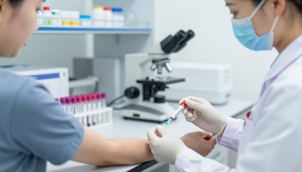 A clinical laboratory scene depicting a blood test process. In the foreground, a nurse in professional business attire is carefully drawing blood from a patient's arm with a sterile needle, showcasing a close-up view of the blood collection tube filling. The middle ground features a clean, well-organized laboratory workspace with test tubes, a microscope, and medical equipment on a countertop. In the background, soft-focused shelves hold medical supplies, creating a sense of depth. Bright, natural lighting enhances the sterile atmosphere, while the overall mood conveys a sense of professionalism and trust. The image should reflect the importance of blood testing in diagnosing respiratory diseases.