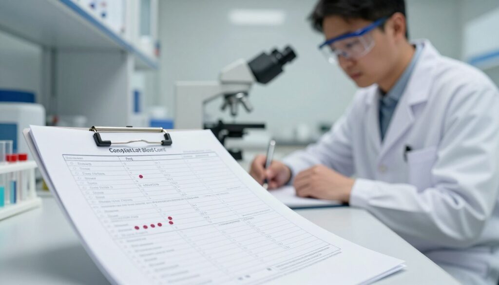 A clinical laboratory setting featuring a detailed view of a blood test report displaying irregular results of a complete blood count. In the foreground, a focused shot of the report is placed on a clean, sterile lab table, allowing viewers to see markers indicating low red blood cell counts and other anomalies. In the middle ground, a medical professional, dressed in a white lab coat and safety glasses, examines the report with a thoughtful expression, using a pen to take notes. The background showcases laboratory equipment like microscopes and test tubes, with soft, diffused overhead lighting creating a calm and serious atmosphere, emphasizing the clinical importance of the results. The angle is slightly tilted to draw attention to both the report and the specialist’s contemplative gaze.