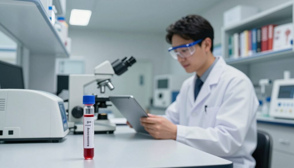 A clinical laboratory setting focusing on advanced blood tests for disease progression. In the foreground, a clear glass vial with blood samples, labeled with scientific markings, sits on a sterile countertop. In the middle ground, a professional-looking scientist in a white lab coat and safety goggles examines test results on a tablet while surrounded by modern lab equipment like microscopes and blood analysis machines. The background features shelves filled with books on hematology and anatomy, subtly illuminated by bright, overhead fluorescent lights. The mood is serious yet hopeful, encapsulating the critical importance of laboratory tests in assessing disease stages, with a focus on nuanced colors and precise details in the equipment and samples to convey professionalism and trustworthiness.