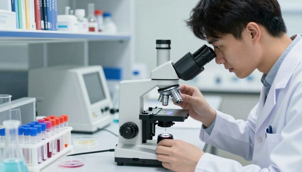A clinical laboratory setting with a focus on blood tests for parasitic infections. In the foreground, a laboratory technician in a white coat is carefully examining a blood sample under a microscope, with visible details of the microscope's lens and the sample slide showcasing various parasites. In the middle ground, there are lab tables with neatly organized test tubes, petri dishes, and scientific equipment related to serological and molecular testing. The background features shelves filled with medical textbooks and reference materials on parasitology. The lighting is bright and sterile, creating a professional atmosphere that conveys precision and focus. The overall mood is serious and scientific, emphasizing the importance of blood analysis in diagnosing parasitic infections.
