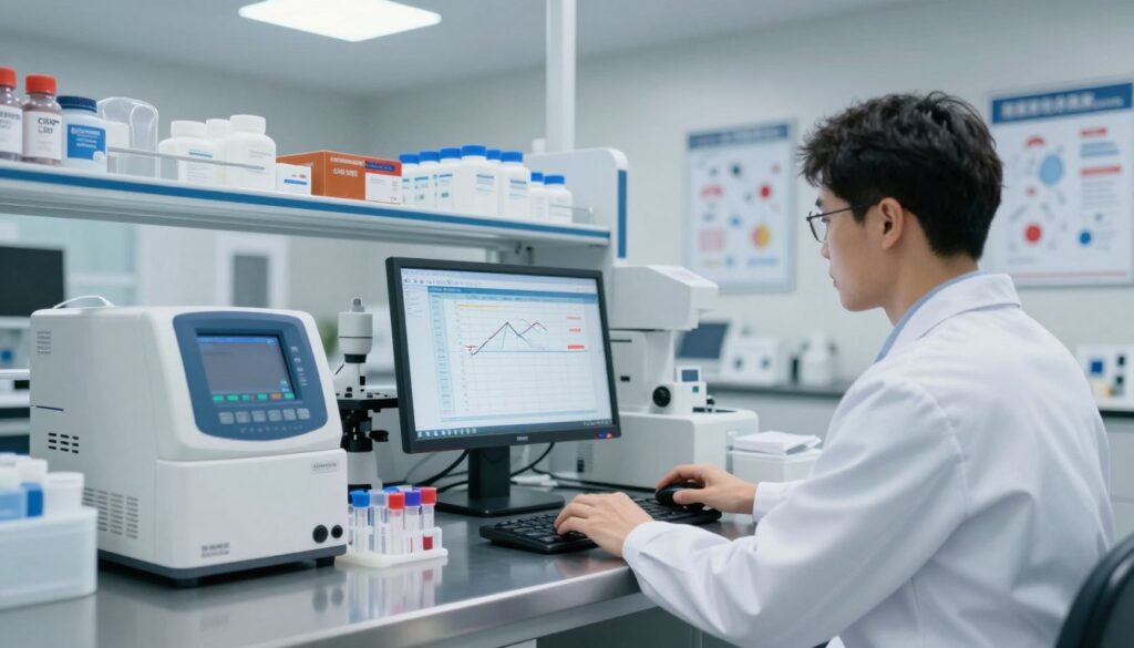 A clinical laboratory setting with a modern, high-tech atmosphere. In the foreground, a focused healthcare professional, dressed in a white lab coat, is intently analyzing results on a digital screen displaying CRP levels and trends charts. The middle ground features various lab equipment, such as test tubes and analytical machines, positioned neatly on a stainless steel countertop. The background showcases organized storage of medical supplies and scientific posters about CRP monitoring. Soft, diffused overhead lighting creates a bright and professional ambiance, enhancing the sterile environment. The angle is slightly elevated, providing a comprehensive view of the workspace. The overall mood is one of diligence and precision, reflecting the importance of monitoring CRP levels in treatment efficacy.