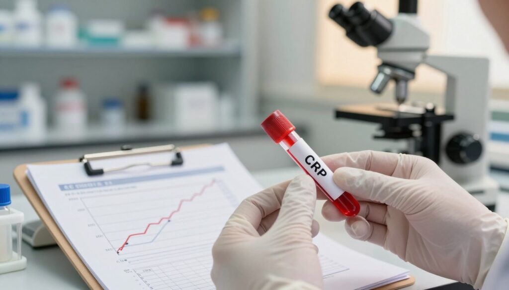 A clinical oncology setting featuring a close-up of a laboratory table with a focus on a test tube containing a bright red liquid labeled 'CRP'. In the foreground, a pair of gloved hands delicately hold the test tube, emphasizing the importance of C-reactive protein in cancer diagnostics. In the middle ground, there are medical charts and graphs displaying rising levels of CRP correlated with lung cancer markers, with a microscope and other lab equipment subtly in view. The background showcases a softly lit hospital laboratory with blurred shelves holding medical supplies, evoking a professional atmosphere. The lighting is warm and inviting, highlighting the focus on research and diagnostics, while maintaining a clinical feel.