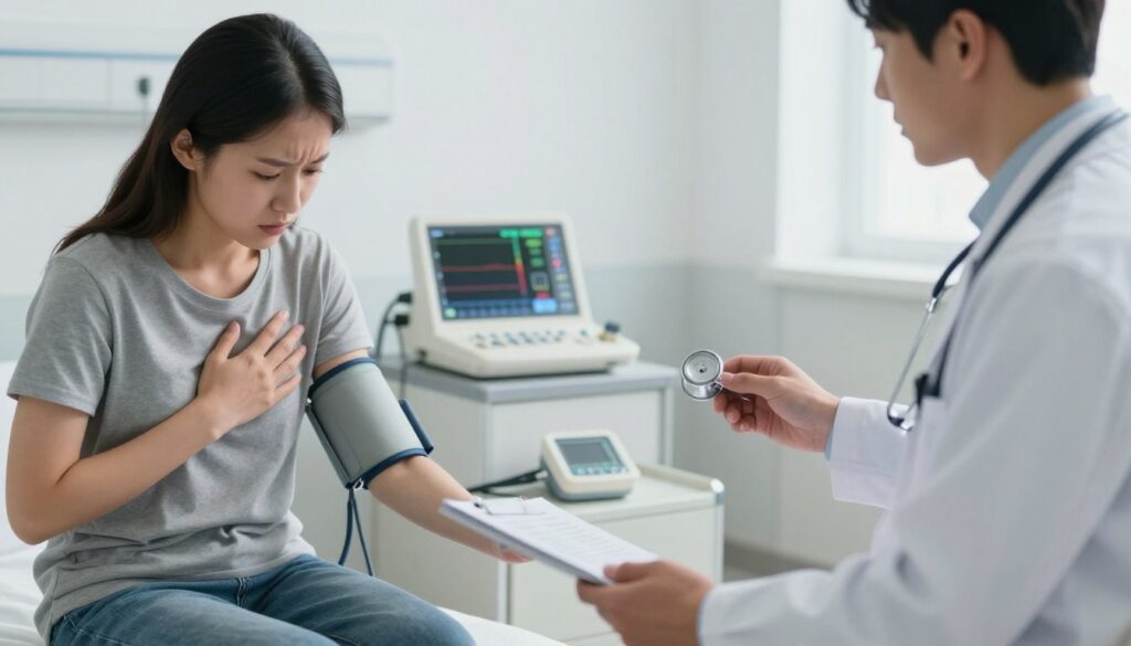 A clinical scene depicting key symptoms of pulmonary embolism, highlighting chest pain, shortness of breath, and dizziness. In the foreground, a focused, concerned patient (dressed in modest casual clothing) is sitting on an examination table, with a doctor in professional attire examining them. In the middle ground, medical equipment such as a stethoscope, blood pressure monitor, and an ECG machine can be seen, emphasizing the urgency of the situation. The background features a well-lit hospital room with soft, natural lighting, creating a calm yet urgent atmosphere. The image should convey a serious mood, reflecting the need for immediate medical attention. The angle should be slightly elevated, giving a comprehensive view of the interaction between the patient and the doctor, without any text or distractions.