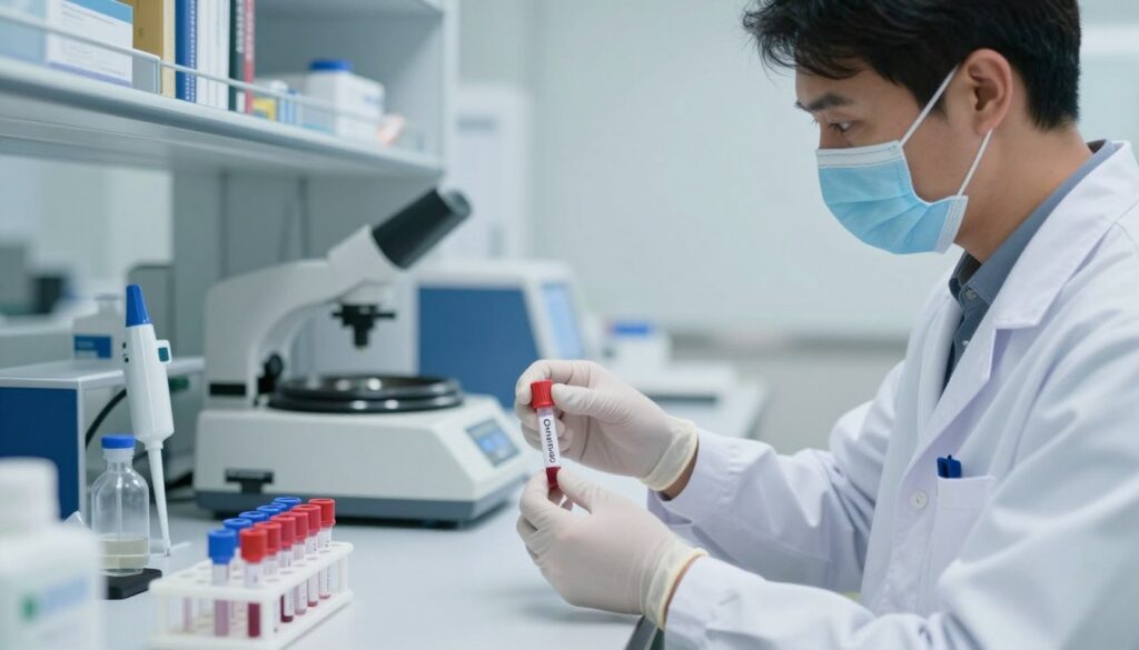 A clinical scene focused on a blood test setup for CRP analysis. In the foreground, a professional healthcare worker in a white lab coat, wearing safety gloves, is preparing a blood sample in a laboratory setting. The worker's face shows concentration, reflecting the importance of accurate preparation. In the middle ground, a well-organized lab bench with essential medical equipment like test tubes, pipettes, and a centrifuge is visible, all bathed in soft, diffused overhead lighting to create a sterile atmosphere. The background features a blurred shelf holding medical reference books and equipment, enhancing the professional setting. The overall mood is serious yet tranquil, emphasizing clarity and precision in medical procedures.