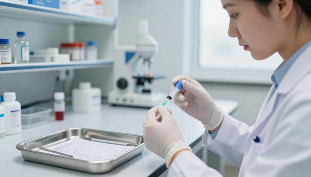 A clinical setting focused on thyroid blood testing. In the foreground, a healthcare professional in a lab coat prepares a blood sample, wearing gloves and using a syringe, displaying a look of concentration. In the middle ground, a stainless steel medical tray holds various laboratory instruments, vials, and a blood test requisition form. The background features a well-lit, sterile lab environment with shelves filled with medical supplies and equipment, contributing to an atmosphere of professionalism and precision. Soft, natural lighting illuminates the scene, creating a calm and reassuring mood. The image is taken with a close-up lens angle, emphasizing the focus on the procedure, while ensuring the setting is safe for work and strictly professional.