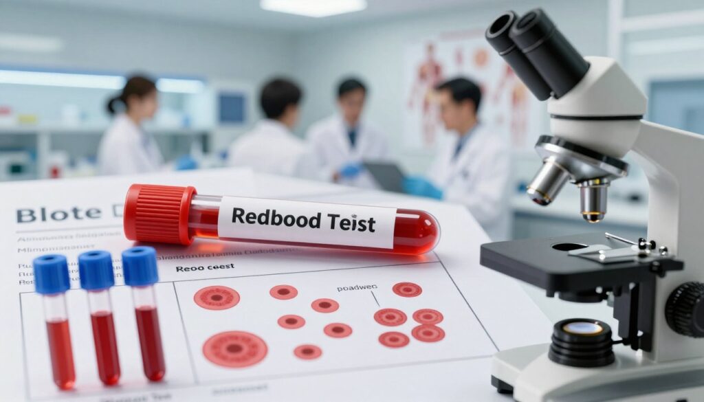 A close-up, detailed view of blood test results, including various components like red blood cells, white blood cells, and platelets, illustrated with vibrant colors and clear labeling. In the foreground, a microscope and test tubes filled with blood samples create a scientific atmosphere. The middle layer features a laboratory setting with a sleek, modern design, showcasing health professionals in professional business attire, analyzing the results thoughtfully. In the background, a softly lit wall with anatomical charts of the human body adds context. The mood is serious yet informative, emphasizing the importance of monitoring health indicators, with soft, diffused lighting to create a focus on the blood samples and analytical tools.