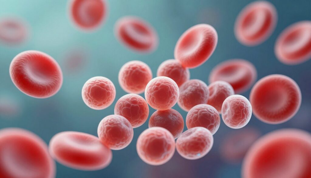 A close-up illustration of blood platelets (thrombocytes) in a dynamic and informative biomedical context. The foreground features a cluster of vibrant, round, and irregularly shaped platelets, showcasing their varying sizes and clarity. In the middle ground, soft, translucent red blood cells (erythrocytes) weave around the platelets, giving context to their role in blood morphology. The background is a blurred depiction of a microscopic slide with a subtle gradient of blues and greens, enhancing the scientific atmosphere. The lighting is soft and diffused to create a calming yet clinical ambiance, with a focus on the details of the platelets. The angle is slightly tilted to add depth, promoting engagement with the subject. The overall mood is educational and clear, suitable for a medical or scientific audience.