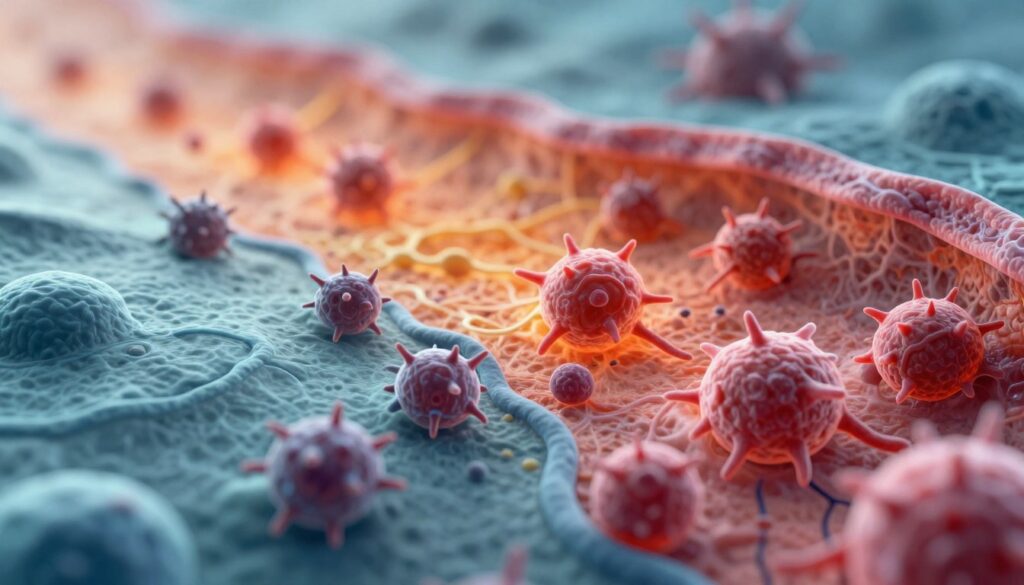 A close-up illustration of the inflammatory response at a cellular level, showcasing various immune cells, such as macrophages and neutrophils, engaged in action. In the foreground, depict a dynamic scene of these cells actively interacting with cancerous cells, highlighting their complex shapes and textures with intricate detail. The middle ground should feature a gradient of colors representing inflammation, with reds and oranges indicating heightened activity, contrasted against cooler blues and greens of normal tissue. In the background, softly blurred cancerous tissue is visible, emphasizing the biological environment. Utilize soft, diffused lighting to create a clinical and informative atmosphere, focusing on clarity and precision. The composition should convey a sense of urgency and complexity within the mechanisms of inflammation in cancer. A close-up illustration of the inflammatory response at a cellular level, showcasing various immune cells, such as macrophages and neutrophils, engaged in action. In the foreground, depict a dynamic scene of these cells actively interacting with cancerous cells, highlighting their complex shapes and textures with intricate detail. The middle ground should feature a gradient of colors representing inflammation, with reds and oranges indicating heightened activity, contrasted against cooler blues and greens of normal tissue. In the background, softly blurred cancerous tissue is visible, emphasizing the biological environment. Utilize soft, diffused lighting to create a clinical and informative atmosphere, focusing on clarity and precision. The composition should convey a sense of urgency and complexity within the mechanisms of inflammation in cancer.