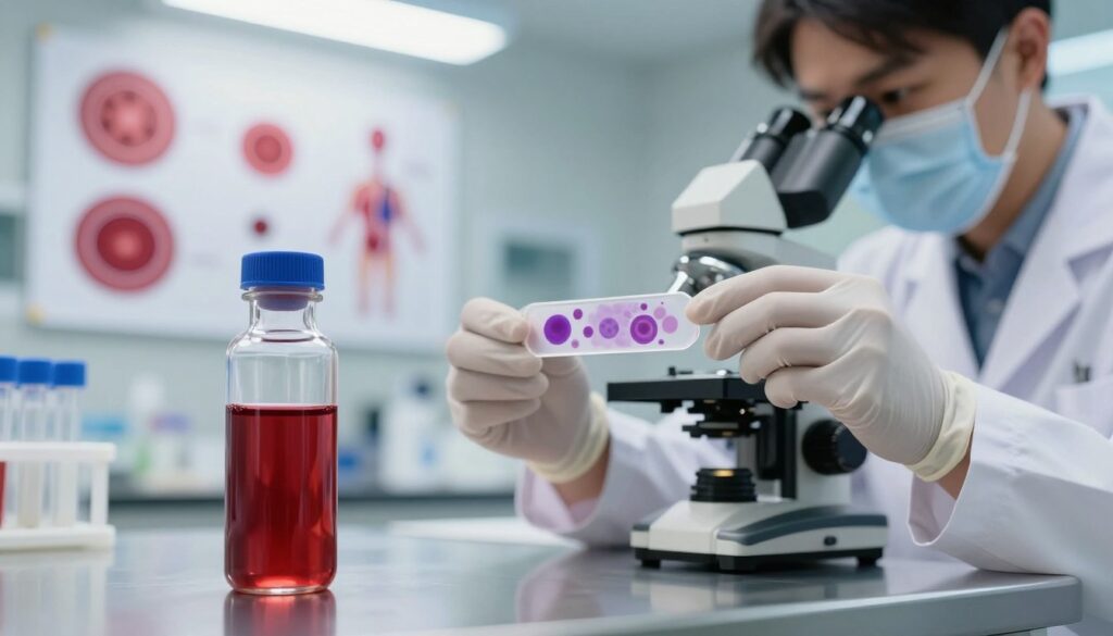 A close-up illustration showing a laboratory setting focused on iron deficiency anemia. In the foreground, a transparent glass vial filled with dark red blood samples sits on a polished stainless steel table. Adjacent to it, a medical professional in a white lab coat and protective gloves examines a blood slide under a microscope, displaying an intricate view of blood cells with notable hypochromic microcytic characteristics. In the middle background, anatomical diagrams of red blood cells and iron metabolism are pinned on a soft-focus bulletin board, creating an educational atmosphere. Bright, flattering overhead lighting highlights the details in the blood sample and the medical professional’s focused expression. The mood is serious and scholarly, reflecting the importance of understanding iron deficiency in diagnosing anemia.