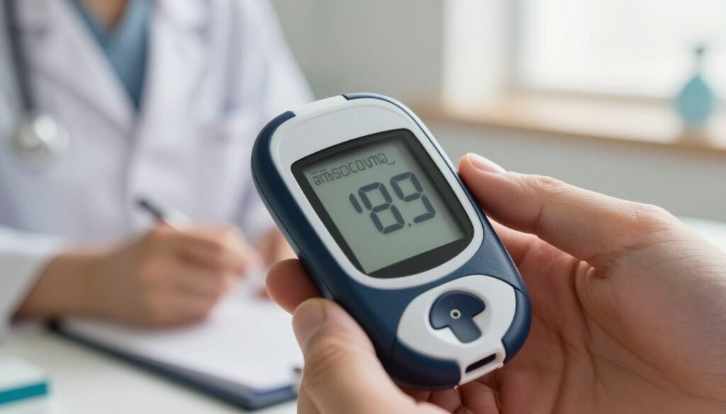 A close-up image of a glucose meter displaying a clear glucose reading, highlighting the numbers in bright contrast. In the foreground, emphasize the meter with a sleek, modern design, incorporating vivid colors. In the middle ground, include a subtle hand positioned next to the meter, dressed in professional attire, symbolizing health awareness. The background should feature a softly blurred medical examination room, with sunlight filtering through a window, creating a warm and inviting atmosphere. The overall mood conveys seriousness and professionalism, appropriate for a medical context. Use soft, natural lighting to enhance the authenticity of the scene, capturing attention while ensuring clarity in the details.