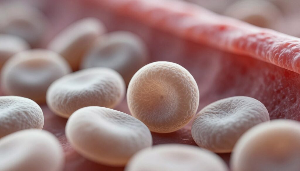 A close-up image of blood platelets, showcasing their round, disc-like shapes and granulated textures in intricate detail. The platelets should be depicted in a translucent, slightly magnified manner, allowing for a clear view of their structure and characteristics. The foreground features several platelets clustered together, with a soft focus on the edges to create depth. In the middle ground, a blurred background of a blood vessel or veins with a soft crimson hue to convey a biological setting. The lighting should be bright yet diffused, highlighting the platelets while maintaining a subtle, sterile environment. The overall mood should be scientific and educational, ideal for depicting the importance of platelet parameters in the coagulation process.