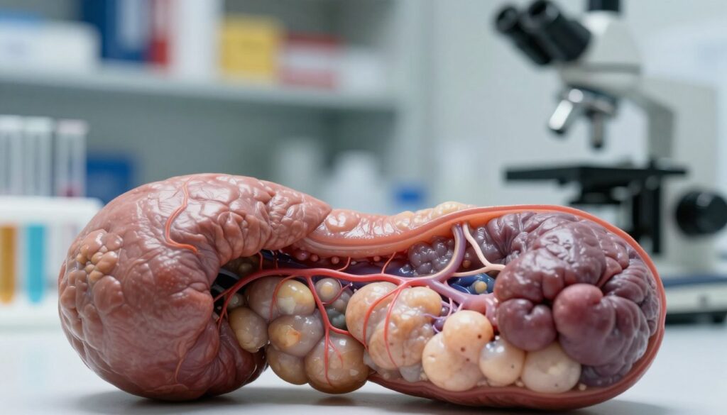A close-up of a human pancreas, showcasing its intricate lobular structure and surrounding tissues, illuminated by soft, natural lighting to emphasize its organic texture and color variations. In the foreground, focus on detailed anatomy, highlighting the pancreatic tissues and small blood vessels. The middle ground reveals a laboratory setting with medical instruments like test tubes and a microscope, suggesting a diagnostic environment. In the background, include blurred, indistinct shelves filled with medical books and scientific paraphernalia to create a scholarly atmosphere. The overall mood should be clinical yet informative, embodying the theme of laboratory diagnostics. Use a shallow depth of field to draw attention to the pancreas while maintaining a professional ambiance.
