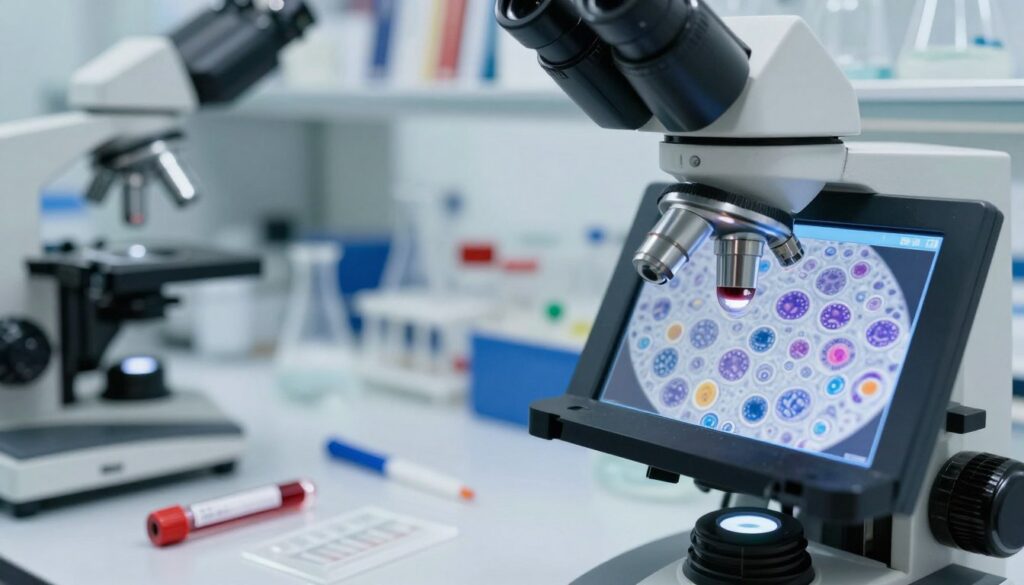 A close-up of a laboratory setting focused on a blood test sample, showcasing a transparent test tube filled with fresh blood, highlighted by soft, diffused lighting. In the foreground, prominently display a microscope with a digital screen showing a detailed analysis of leukocyte morphology, featuring colorful and distinct white blood cells. The middle layer includes a neatly organized workstation with lab equipment, including slides and pipettes, reflecting a professional atmosphere. In the background, shelves are lined with medical books and glass containers. The overall mood is scientific and informative, conveying a sense of precision and care in monitoring immune health.
