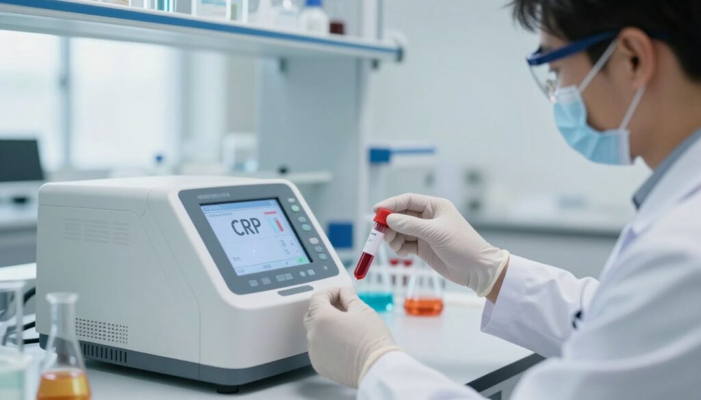 A close-up of a medical laboratory setting, focusing on a clean, modern workspace with a digital blood test machine displaying elevated CRP levels on its screen. In the foreground, a professional researcher in a white lab coat is carefully measuring blood samples, wearing safety goggles and gloves, embodying diligence and precision. The middle ground highlights a set of laboratory glassware filled with colorful reagents, conveying an atmosphere of science and discovery. In the background, soft, natural light filters through large windows, enhancing the sterile yet inviting ambiance. The overall mood is hopeful and innovative, suggesting advancements in health and wellness, specifically in reducing inflammation linked to CRP levels.