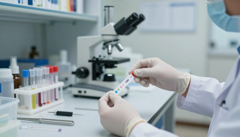 A close-up scene of a medical lab setting focusing on a laboratory technician wearing a lab coat and protective gloves, carefully measuring the CRP (C-reactive protein) levels. The foreground features a detailed view of a colorimetric assay strip with varying color reactions indicative of CRP levels, surrounded by sterilized laboratory tools. In the middle ground, a well-organized lab table displays test tubes and a microscope, highlighting the analytical nature of the environment. The background shows shelves filled with medical books and research papers, deeply focused on the scientific process. Soft, focused lighting illuminates the scene, creating a calm, professional atmosphere that emphasizes the seriousness of medical testing. The image conveys an air of precision and expertise, suitable for a medical informational article.