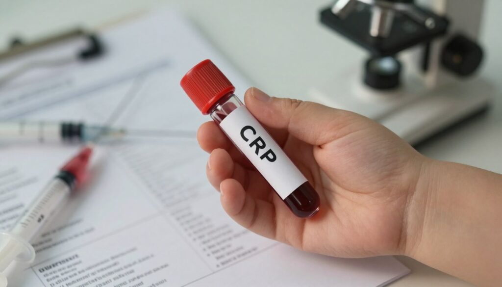 A close-up view of a baby’s hand holding a blood sample vial labeled "CRP" with a soft background of medical examination tools like syringes and a microscope. The scene is presented from a slightly elevated angle, allowing the viewer to focus on the delicate hand and the vial illuminated by gentle, warm lighting that suggests concern and hope. In the background, out-of-focus medical charts displaying infection data subtly reinforce the context of the image, while creating a calm, professional atmosphere. The overall mood is one of care and attention to health, suitable for a medical article.