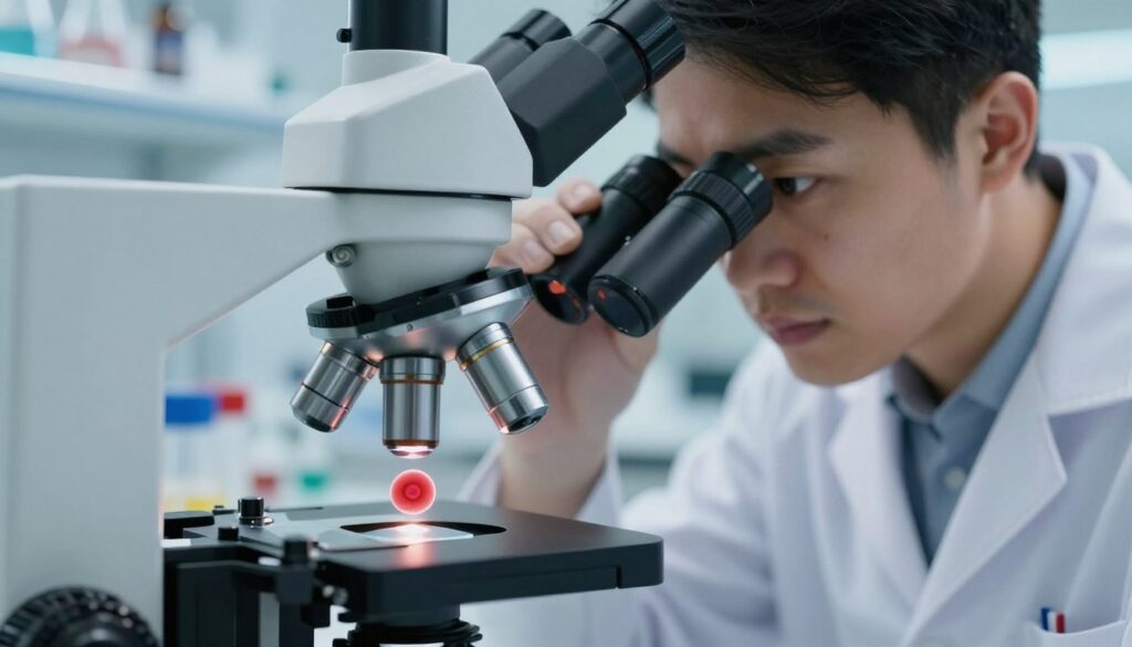 A close-up view of a blood sample being analyzed under a microscope, showcasing elevated Mean Corpuscular Volume (MCV) through distinctly larger red blood cells compared to normal ones. In the foreground, the microscope is detailed, highlighting the eyepiece and the stage holding a glass slide. The middle ground features a lab technician, dressed in professional attire, intently observing the sample through the lens, their focused expression conveying the seriousness of the analysis. The background consists of a well-organized laboratory setting with beakers and medical equipment, softly lit with cool, clinical lighting to create a clean and sterile atmosphere. The overall mood is scientific and educational, emphasizing the importance of understanding blood morphology.