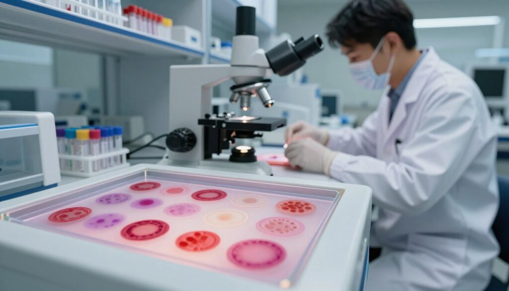 A close-up view of a detailed blood morphology test setup on a sleek, modern laboratory workstation. In the foreground, a transparent glass microscope reveals vibrant stained blood smears showcasing red blood cells, white blood cells, and platelets in various stages of preparation. The middle layer features a professional lab technician wearing a white lab coat and protective gloves, carefully analyzing the blood samples under soft, focused lighting that emphasizes clarity and precision. In the background, shelves lined with medical equipment and test tubes illuminated by subtle backlighting create an engaging, clinical atmosphere. The overall mood is meticulous and educational, conveying the importance of accurate preparation for reliable blood test results.