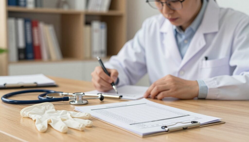 A close-up view of a detailed blood test report laid on a clean, polished wooden table in a well-lit doctor's office. In the foreground, a pair of medical gloves rests beside the report, while a stethoscope neatly coils nearby. In the middle ground, a professional-looking physician, wearing a white coat and glasses, analyzes the report with a focused expression, emphasizing the need for attention on blood parameters. The background features a shelf with medical textbooks and a chart illustrating blood parameters, softly blurred to maintain focus on the foreground. The lighting is warm and inviting, creating a serious yet informative atmosphere, symbolizing the importance of blood analysis in medical diagnoses. A close-up view of a detailed blood test report laid on a clean, polished wooden table in a well-lit doctor's office. In the foreground, a pair of medical gloves rests beside the report, while a stethoscope neatly coils nearby. In the middle ground, a professional-looking physician, wearing a white coat and glasses, analyzes the report with a focused expression, emphasizing the need for attention on blood parameters. The background features a shelf with medical textbooks and a chart illustrating blood parameters, softly blurred to maintain focus on the foreground. The lighting is warm and inviting, creating a serious yet informative atmosphere, symbolizing the importance of blood analysis in medical diagnoses.