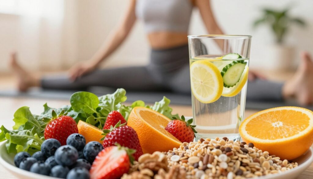 A close-up view of a healthy lifestyle theme depicting a vibrant, balanced meal featuring fresh fruits, vegetables, and whole grains, symbolizing the impact of lifestyle on C-reactive protein levels. In the foreground, an assortment of colorful fruits like blueberries, strawberries, and oranges, complemented by leafy greens and nuts. In the middle, a glass of water infused with slices of lemon and cucumber, representing hydration. The background features a soft-focus scene of an active person wearing professional casual attire, engaging in a light exercise or yoga, embodying a healthy lifestyle. The lighting is warm and inviting, with a natural look that emphasizes freshness and vitality, creating a positive, encouraging atmosphere.
