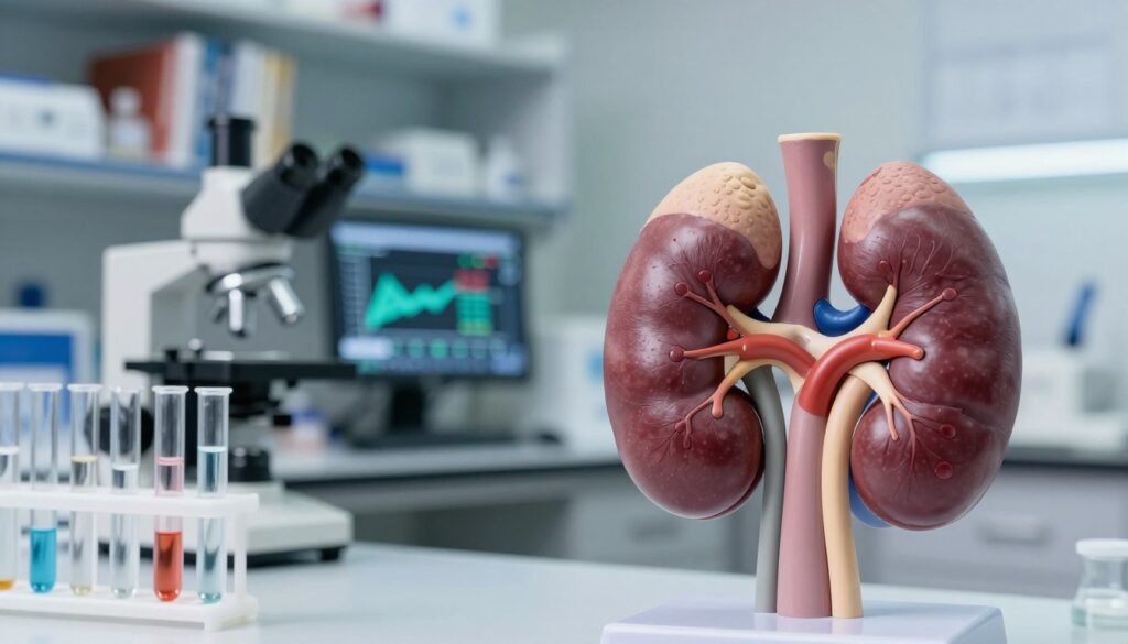 A close-up view of a laboratory setting focused on a detailed analysis of calcium levels related to kidney function. In the foreground, an anatomical model of a kidney is displayed, illustrating its structure with annotations showing calcium pathways. The middle ground features a well-organized laboratory workstation, complete with test tubes filled with transparent solutions that reflect light, a microscope, and a digital monitor showing calcium data graphs. The background contains shelves filled with medical textbooks and equipment, softly out of focus to emphasize the foreground elements. The lighting is bright and clinical, highlighting the scientific atmosphere while casting gentle shadows. The overall mood conveys professionalism and a sense of inquiry into renal health and calcium's role in kidney function.