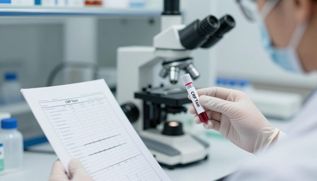 A close-up view of a laboratory setting focused on a medical professional analyzing a blood test result for CRP levels. In the foreground, a medical professional in a white lab coat with protective gloves holds a clear vial of blood labeled 'CRP Test.' The middle ground features a high-tech microscope and various medical instruments, with detailed charts showing inflammation markers and CRP scale levels. The background is softly blurred, depicting shelves filled with medical books and equipment, creating an atmosphere of scientific inquiry and seriousness. The lighting is bright and clinical, emphasizing precision and clarity. The mood conveys professionalism, urgency, and the importance of understanding inflammatory responses in healthcare.