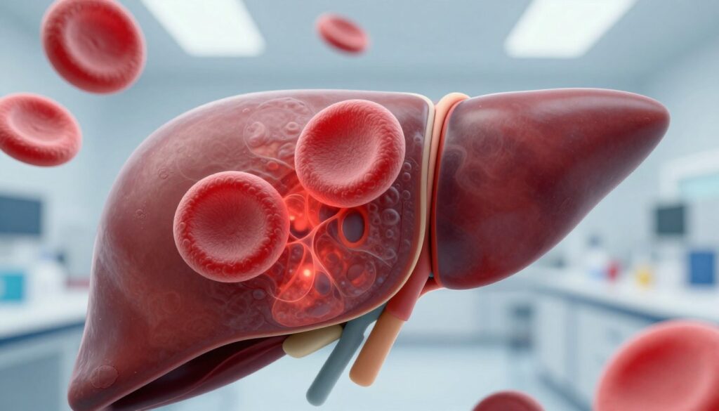 A close-up view of a liver affected by various chronic diseases, illustrating its abnormal morphology. The foreground features a highly detailed, cross-sectional image of the liver, highlighting areas of fibrosis and inflammation, rendered with realistic textures. In the middle of the composition, include representations of large red blood cells (macrocytes) to emphasize the connection between liver disease and altered blood cell volume. The background should subtly depict a clinical laboratory setting with soft, diffused lighting to create a professional atmosphere, enhancing the educational aspect of the image. The angle is slightly tilted to provide a dynamic perspective, focusing on the liver while maintaining a clean, scientific aesthetic. Overall, the mood is informative and serious, aimed at conveying the impact of chronic diseases on red blood cell volume.