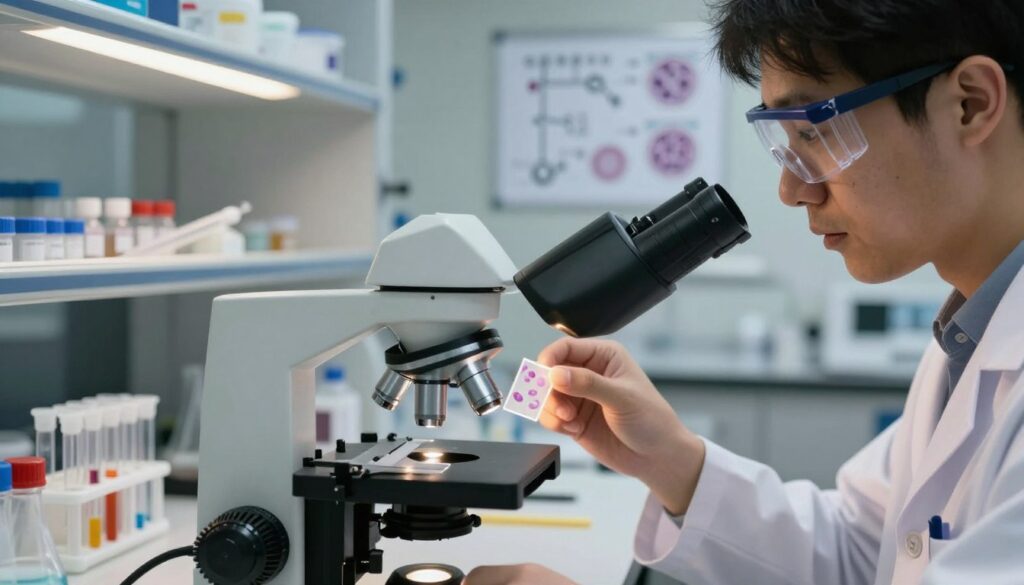 A close-up view of a medical laboratory setting, focusing on a microscope with slides displaying eosinophils. In the foreground, a professional scientist wearing a lab coat and safety glasses studies the slides intently, illuminated by soft, warm overhead lighting. The middle area features multiple laboratory instruments, such as test tubes and pipettes, arranged neatly on a sterile countertop. In the background, chemical formulas and diagrams related to allergies and eosinophilia are pinned on a whiteboard. The ambiance is serious and scientific, reflecting a focused research environment. Ideal lighting highlights the intricate details of the eosinophils on the slides, while a slight depth of field draws attention to the scientist's concentrated expression. A close-up view of a medical laboratory setting, focusing on a microscope with slides displaying eosinophils. In the foreground, a professional scientist wearing a lab coat and safety glasses studies the slides intently, illuminated by soft, warm overhead lighting. The middle area features multiple laboratory instruments, such as test tubes and pipettes, arranged neatly on a sterile countertop. In the background, chemical formulas and diagrams related to allergies and eosinophilia are pinned on a whiteboard. The ambiance is serious and scientific, reflecting a focused research environment. Ideal lighting highlights the intricate details of the eosinophils on the slides, while a slight depth of field draws attention to the scientist's concentrated expression.