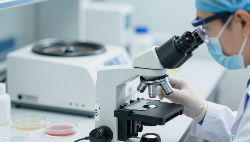 A close-up view of a medical professional analyzing a blood sample using a microscope, with a focus on a small clear test tube labeled "CRP" sitting next to the microscope. The background features softly blurred laboratory equipment, including a centrifuge and petri dishes. The lighting is bright and clinical, with a cool color palette to evoke a sense of professionalism and precision. The mood is serious yet focused, conveying the importance of diagnosing bacterial and viral infections in newborns. The healthcare worker is wearing a lab coat and safety goggles, emphasizing the sterile environment of the lab. The angle captures the details of both the sample and the professional at work, highlighting the diagnostics processes.