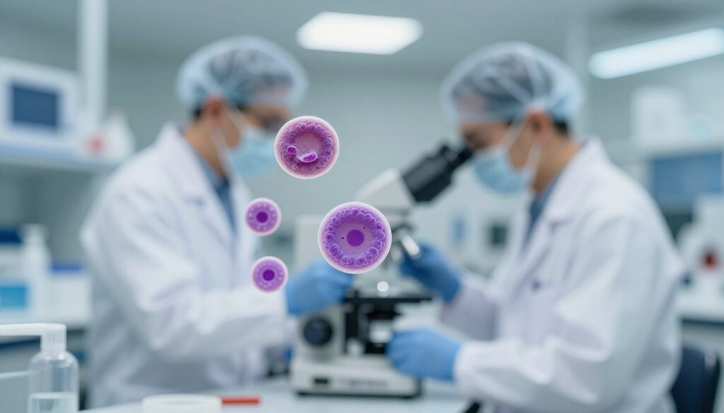 A close-up view of a microscope slide displaying a detailed blood smear with a focus on lymphocytes, emphasizing their morphology. In the foreground, prominently feature several well-defined lymphocyte cells with varying shapes and sizes, showcasing their distinct nuclei and cytoplasm. The middle layer includes a lab technician in a sterile laboratory, dressed in professional attire, examining the slide through a microscope. The background should be softly blurred, highlighting laboratory equipment and flickering fluorescent lights, creating a clinical atmosphere. The lighting is bright and even, enhancing the cellular details with a slight sheen. The overall mood is professional and informative, conveying the significance of lymphocyte levels in health assessments.