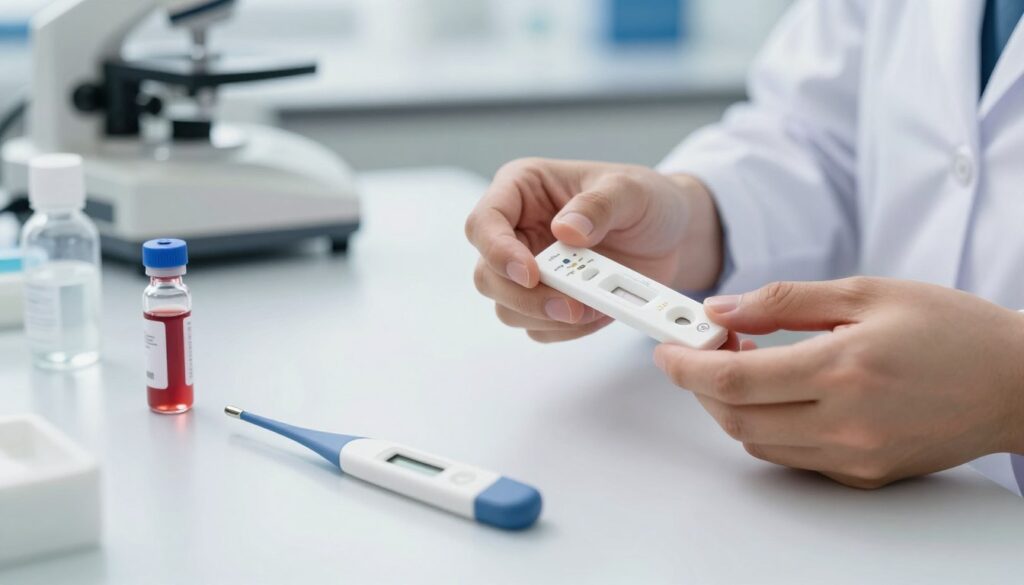 A close-up view of a modern home diagnostic test kit for CRP blood analysis, set on a clean, sterile surface. The foreground features the test kit with clear indicators and a dropper, alongside a vial of blood sample and a digital thermometer. In the middle ground, a pair of hands in professional business attire carefully handling the test kit, ensuring a sense of focus and care. The background softly blurred includes a well-lit laboratory setting with medical equipment, emphasizing the contrast between home testing and laboratory diagnostics. The lighting is bright and clinical, creating a mood of professionalism and cleanliness, with a slight focus on the importance of health monitoring.
