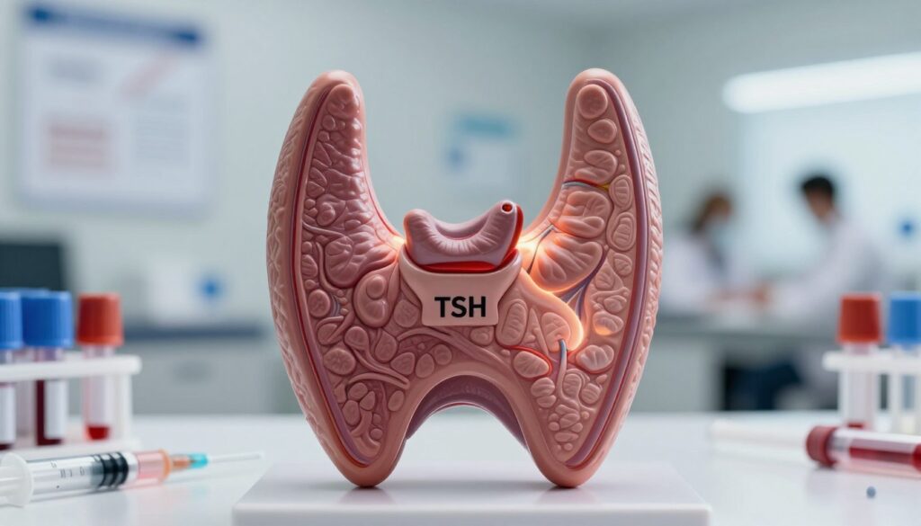 A close-up view of a thyroid gland model, beautifully illuminated to highlight its structure, with an emphasis on elevated thyroid-stimulating hormone (TSH) levels. The foreground features a detailed anatomical representation of the gland, showcasing its unique shape and texture. In the middle, a blood sample is shown, indicating a laboratory environment, with a syringe, vials, and test tubes subtly included to convey the context of medical testing. The background softly fades into a blurred depiction of a doctor's office with medical charts and a consultation area, evoking a sense of professionalism and care. The lighting is bright and clinical, enhancing the atmosphere of understanding and diagnosis in healthcare. The scene establishes a serious yet informative mood, suitable for educational purposes.