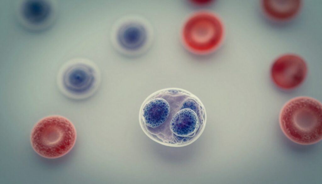 A close-up view of atypical lymphocytes in a blood sample under a microscope, emphasizing their unique morphology. In the foreground, highlight distinct characteristics such as larger cell size, irregular shapes, and prominent nuclei with a bluish hue, set against a vivid backdrop of stained blood cells. The middle layer should include a softly blurred representation of normal lymphocytes and red blood cells to provide context. The background features a subtle, focused illumination from a laboratory light source, casting delicate shadows to enhance depth. The atmosphere is scientific and informative, reflecting the importance of these atypical lymphocytes in blood analysis. A close-up view of atypical lymphocytes in a blood sample under a microscope, emphasizing their unique morphology. In the foreground, highlight distinct characteristics such as larger cell size, irregular shapes, and prominent nuclei with a bluish hue, set against a vivid backdrop of stained blood cells. The middle layer should include a softly blurred representation of normal lymphocytes and red blood cells to provide context. The background features a subtle, focused illumination from a laboratory light source, casting delicate shadows to enhance depth. The atmosphere is scientific and informative, reflecting the importance of these atypical lymphocytes in blood analysis.