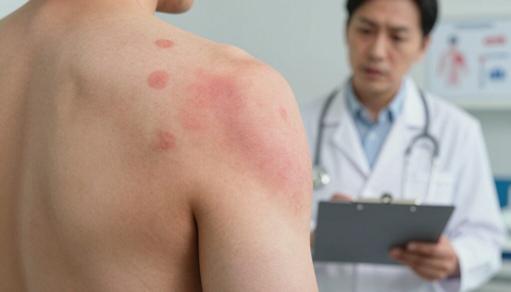 A close-up view of human skin displaying a distinct rash indicative of a serious medical condition, with an emphasis on characterizing the redness and irritation. Focus on the texture and details of the skin, showcasing raised spots and uneven coloration, framed in soft natural lighting that highlights the various shades. In the middle ground, include a medical professional, dressed in a white coat, observing the rash with a concerned expression, holding a clipboard. In the background, a clinical setting with medical instruments and charts can be implied. The overall mood should convey urgency and professionalism, ideally capturing the gravity of the situation while remaining safe for work. A close-up view of human skin displaying a distinct rash indicative of a serious medical condition, with an emphasis on characterizing the redness and irritation. Focus on the texture and details of the skin, showcasing raised spots and uneven coloration, framed in soft natural lighting that highlights the various shades. In the middle ground, include a medical professional, dressed in a white coat, observing the rash with a concerned expression, holding a clipboard. In the background, a clinical setting with medical instruments and charts can be implied. The overall mood should convey urgency and professionalism, ideally capturing the gravity of the situation while remaining safe for work.