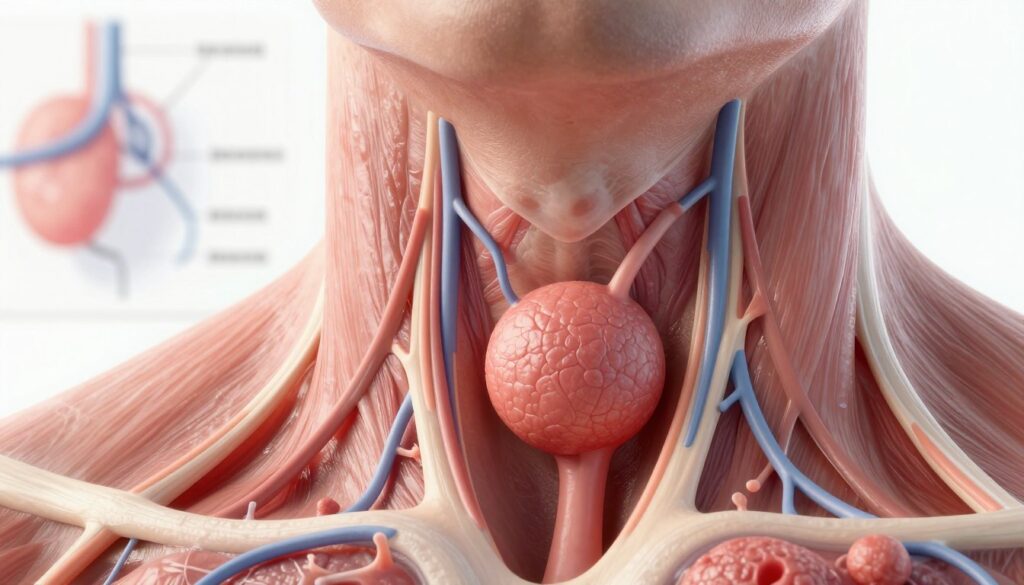 A close-up view of swollen lymph nodes in the human body, showing the underlying anatomy with clarity. In the foreground, highlight the enlarged lymph nodes in a healthy individual’s neck, emphasizing texture and color contrasts of the soft tissue. The middle section should depict anatomical structures such as veins and surrounding muscles, providing context to the lymph nodes' position. In the background, softly blurred medical imagery, like a diagram about lymphatic systems, enhances the educational aspect. The lighting is bright and clinical, casting soft shadows to reveal contours. This composition conveys a serious, informative mood appropriate for a medical illustration, focusing on the potential implications of enlarged lymph nodes related to health concerns.