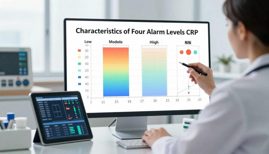 A comprehensive visualization of the "Characteristics of Four Alarm Levels CRP". In the foreground, a modern medical professional in professional attire is analyzing four distinct, labeled charts, each representing a different alarm level (low, moderate, high, critical). The charts should be visually unique, showcasing color gradients and symbols that denote severity, with clear distinctions for each level. In the middle ground, a well-organized office environment with medical equipment and a digital tablet displaying relevant data sets the scene of a clinical consultation. The background features a large window with soft natural light streaming in, creating an atmosphere of focus and urgency. The image should convey a sense of professionalism and clarity, inviting the viewer to delve into critical medical insights.